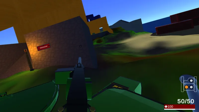 Commander's machine gun mounted on the tank, facing the lit Warehouse and the docks