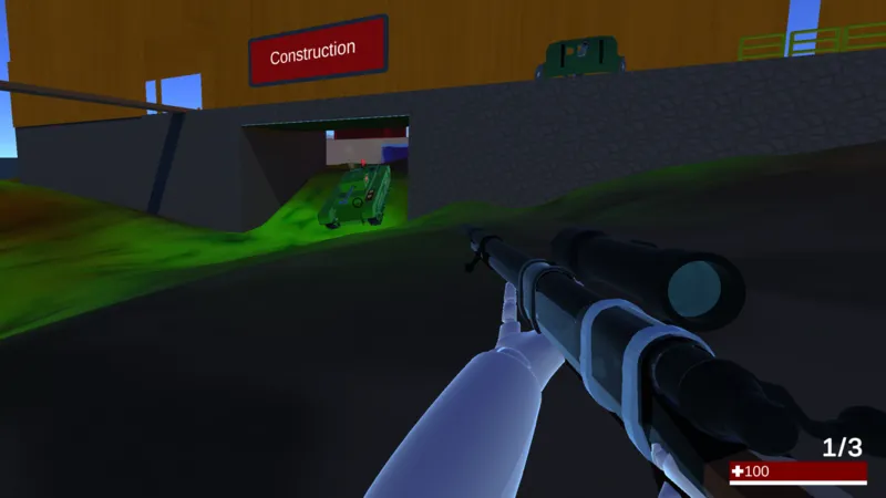 Sniper rifle aimed at an enemy tank leaving a tunnel under the Construction building