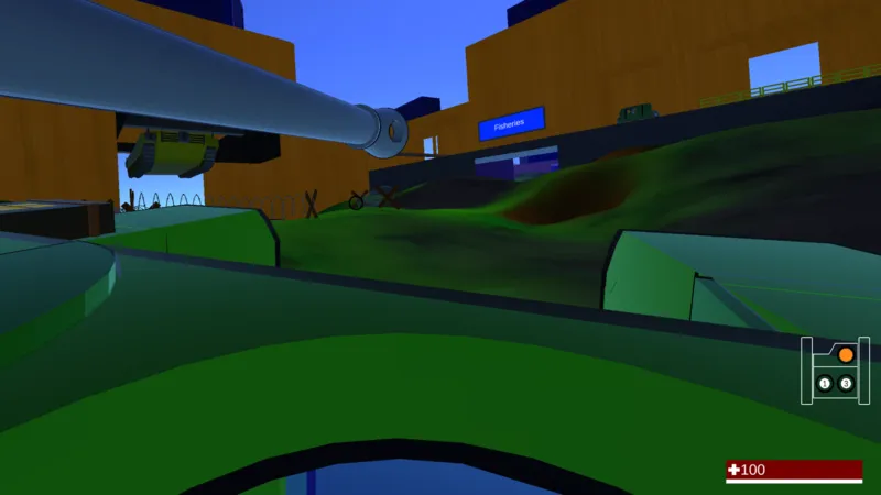 First-person view from the top of a green tank, gun barrel pointing past the Fisheries building toward barbed wire